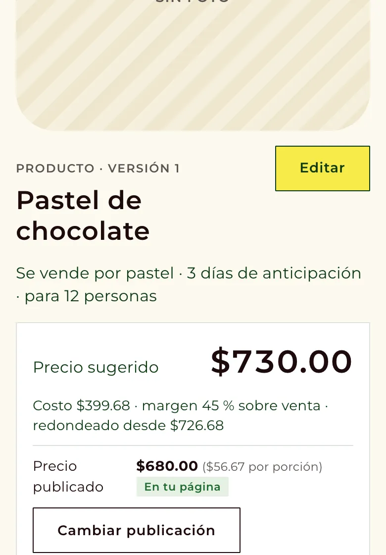 Costo y precio sugerido de un producto