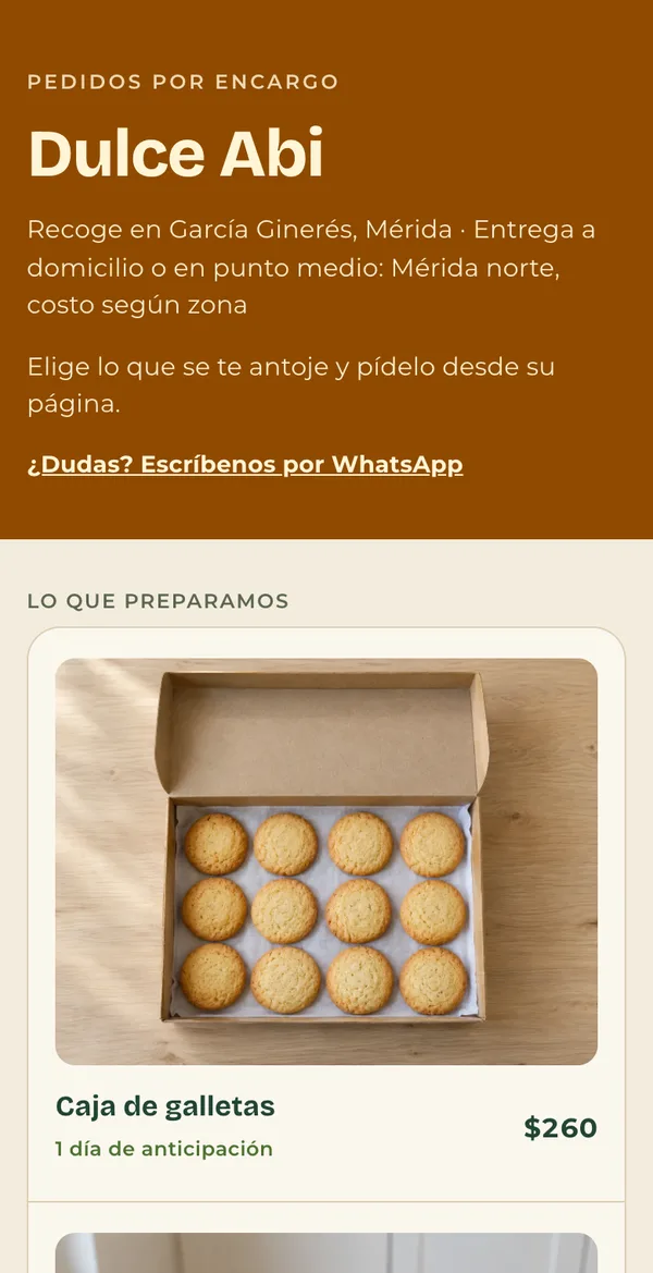 Página de un negocio con el estilo Cosecha