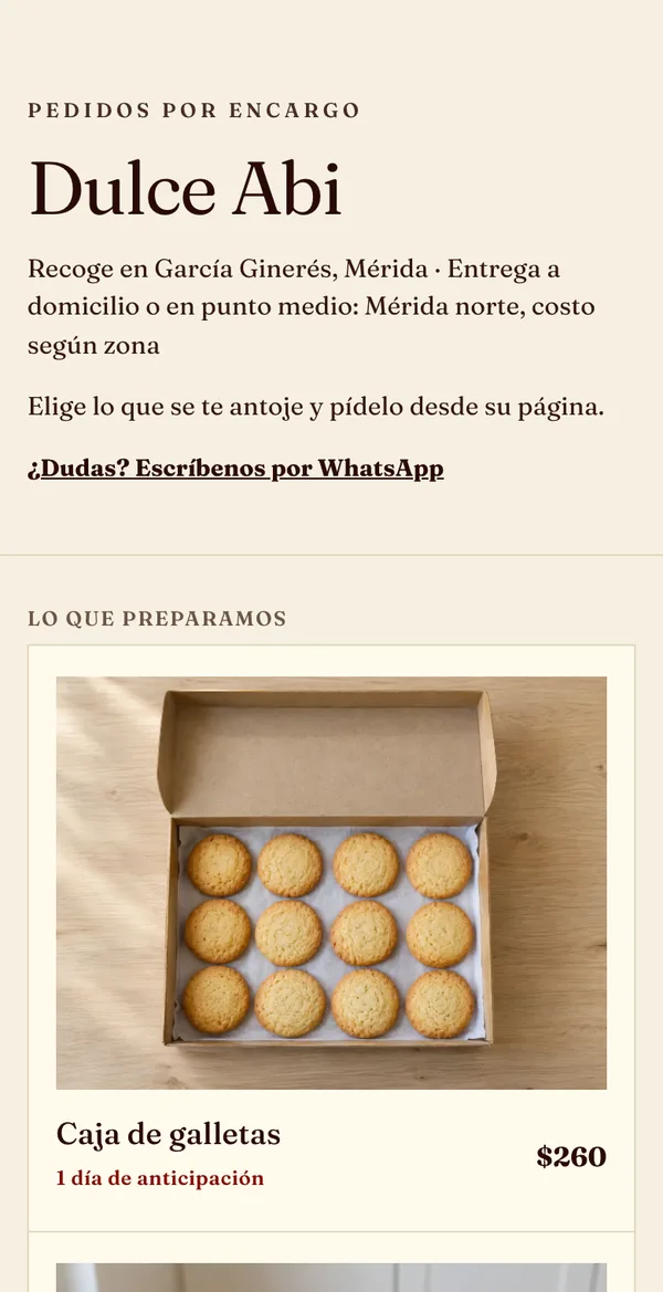 Página de un negocio con el estilo Recetario