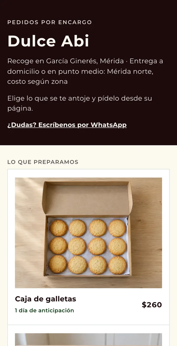 Página de un negocio con el estilo Vitrina