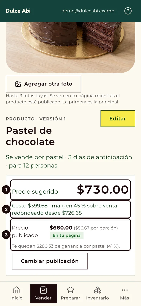 Detalle de un pastel de chocolate en la app, con su foto, su precio sugerido, su costo y margen, y su precio publicado con lo que le queda