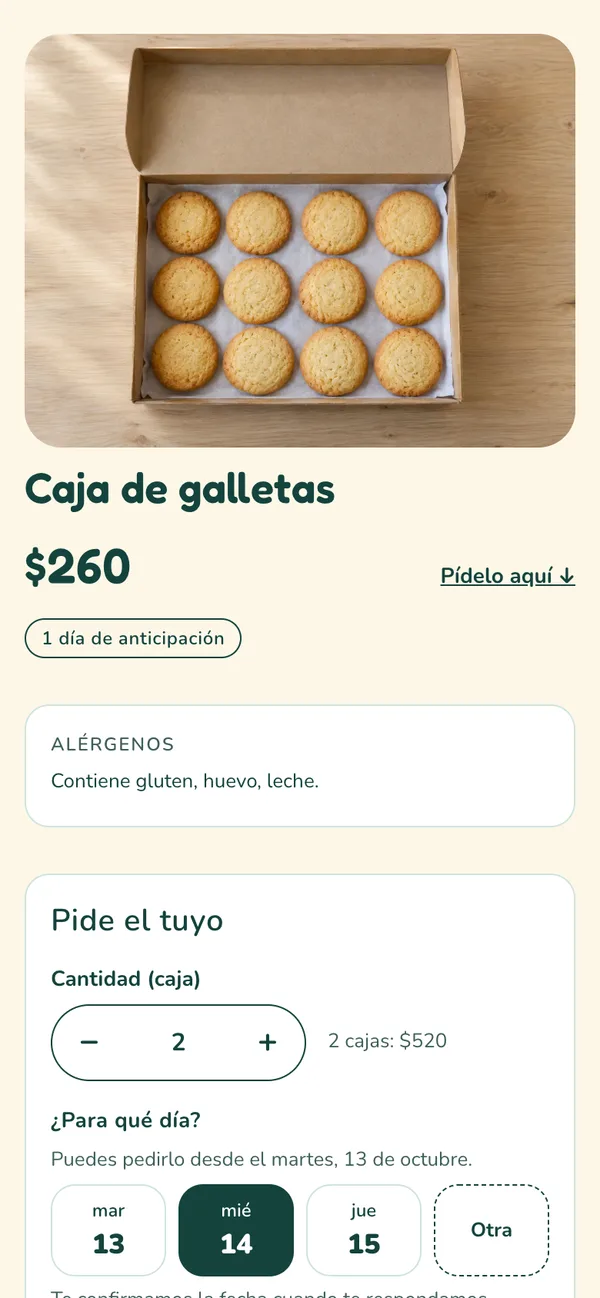 Ficha de una caja de galletas con su precio, sus alérgenos y cómo pedirla: cuántas cajas y para qué día