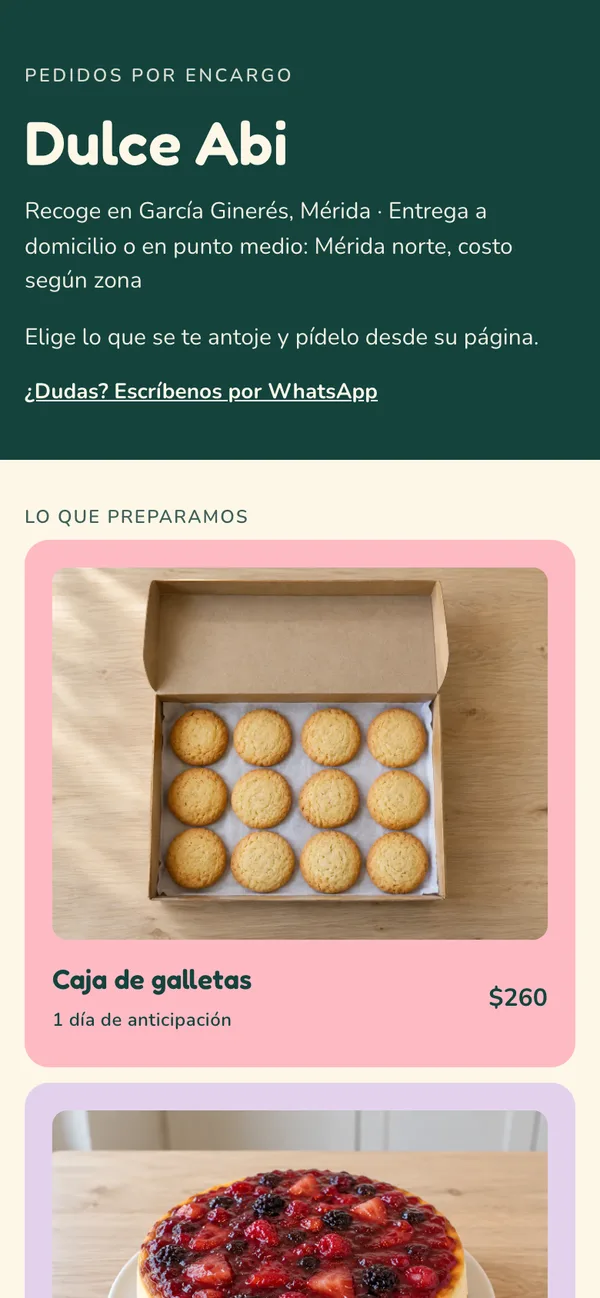Página de pedidos de un negocio con sus productos, cada uno con su foto y su precio