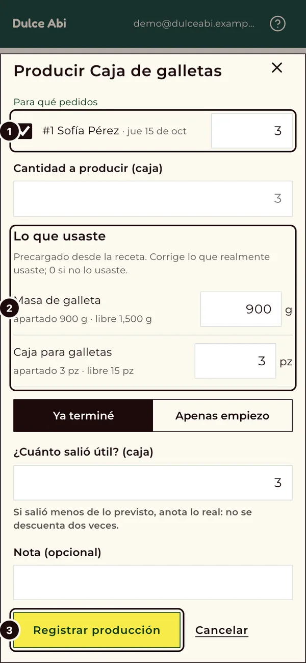 Registro de producción de una caja de galletas en la app, con su pedido y lo que se usó de la receta