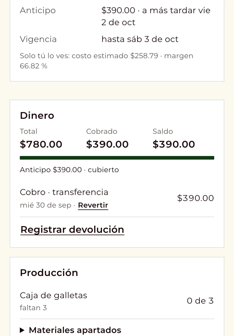 Pedido confirmado con su anticipo y lo apartado para producir