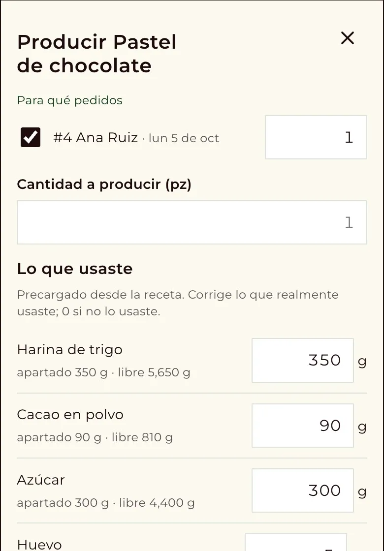 Registro de producción con los insumos apartados y libres