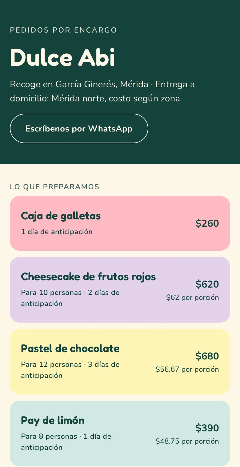 Página pública de una pastelería con sus productos