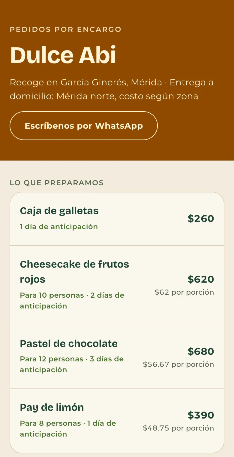 Página de una pastelería con el estilo Cosecha