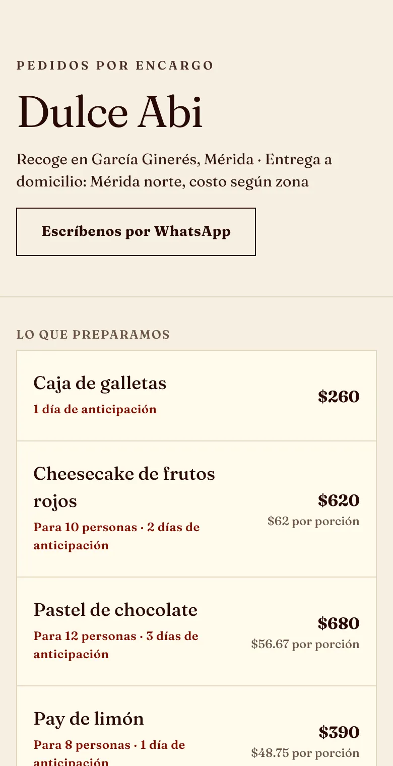 Página de una pastelería con el estilo Recetario