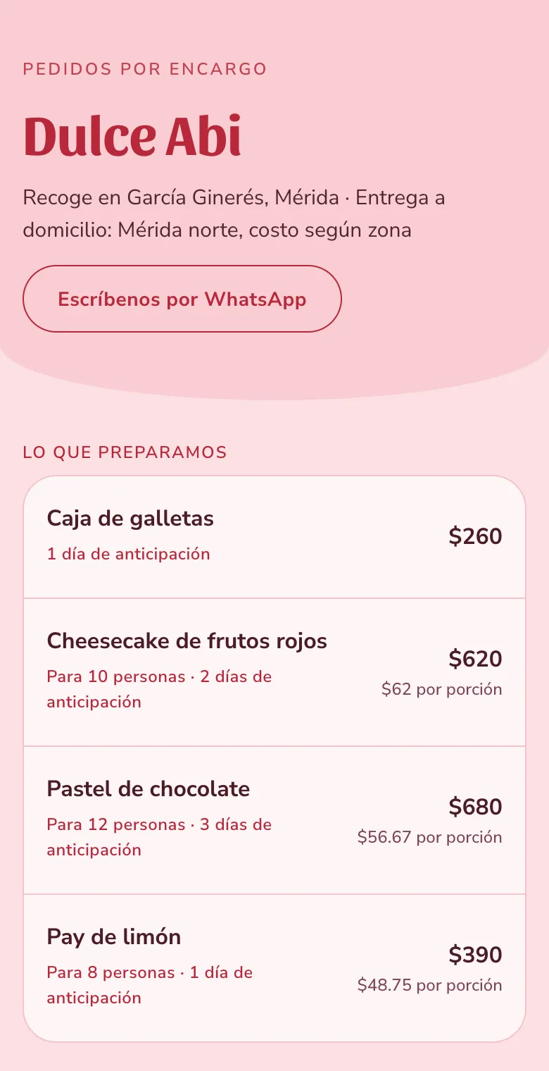 Página de una pastelería con el estilo Rosa pastel