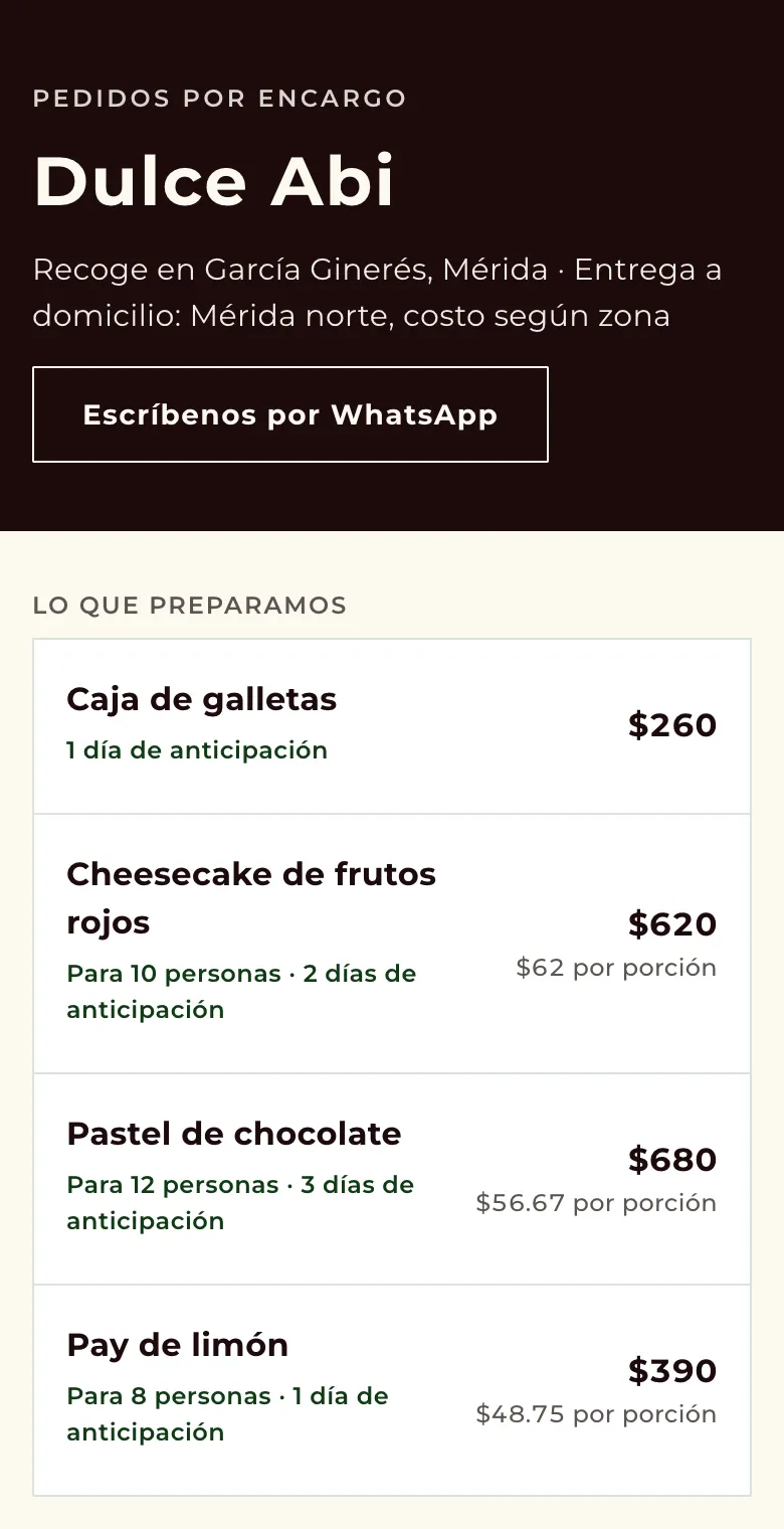 Página de una pastelería con el estilo Vitrina